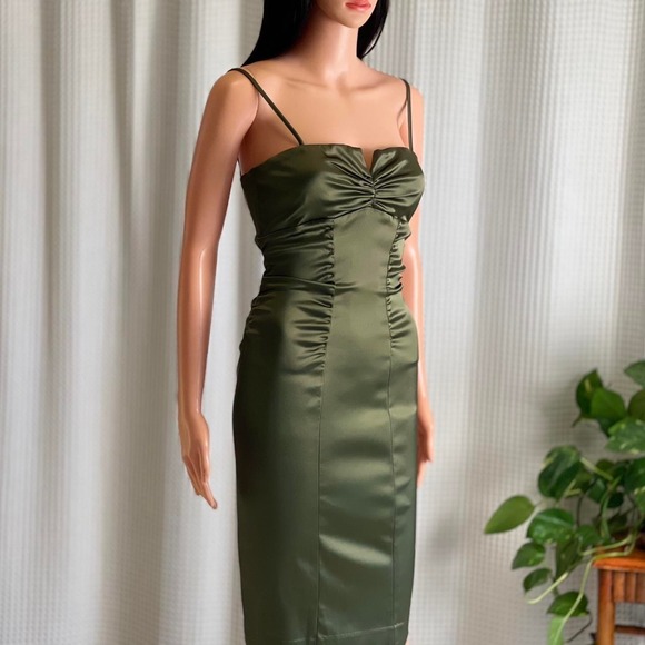 Vintage Y2K Cach Olive Green Ruched Midi Sheath Bodycon Cocktail Dress  Size 8
